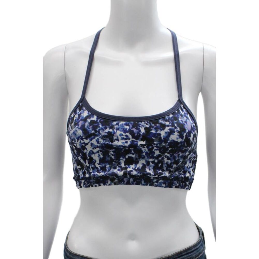 Beyond Yoga Womens Scoop Neck Abstract Printed Sports Bra Navy White Small
